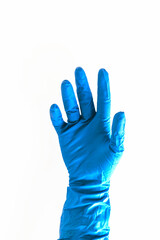 Blue glove for cleaning show thumbs up. Isolated on a white background.