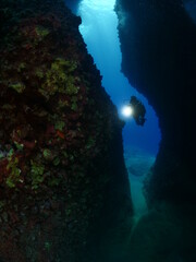 Naklejka na ściany i meble cave diving underwater scuba divers exploring cave dive ocean scenery