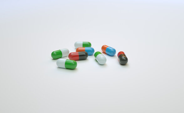Different Colors Medical Pills Over the White Background, 3d Rendering