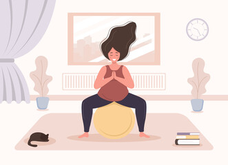 Yoga during pregnancy. Woman doing fitness exercises with fitball. Health care and sport concept. Beauty female character at home interior. Vector illustration in flat style.