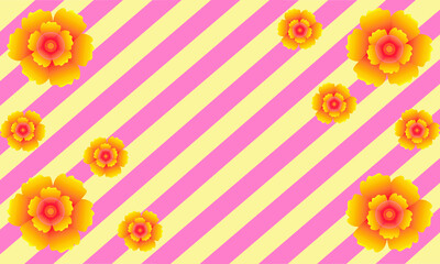 Vintage pink and orange flowers seamless pattern on pink and yellow striped background vector 