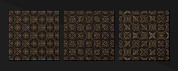 Set of Vintage seamless damask pattern and elegant floral elements in dark black and gold.	