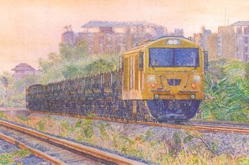 Obraz premium Ballast train passed rural station in the morning.