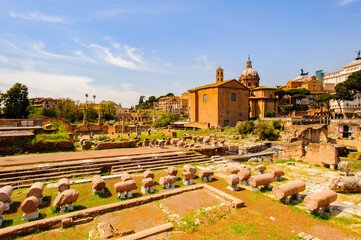 Fototapeta na wymiar Roman Forum, a rectangular forum surrounded by the ruins of several important ancient government buildings at the center of the city of Rome.
