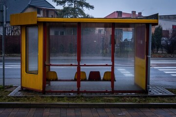 Yellow and red bus stop on the sidewalk in an urban area with a missing seat