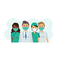 Obraz premium Vector flat cartoon Character of Medical Team Wearing Protective Mask on White Background. team of doctor and nurse.