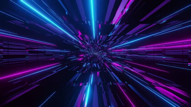 Animation of fast burst of multicolored and glowing laser beams diverging from the center. Motion graphics, VJ loops.