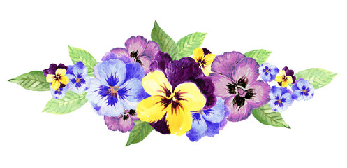 Fototapeta na wymiar watercolor gouache elegant vintage pansy bouquet label frame border flower hand painted