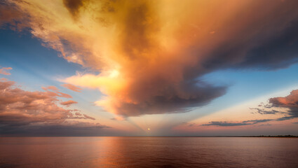 Moon over sea horizon with golden sunset clouds and reflection