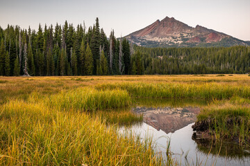 High mountain field with mountain reflection