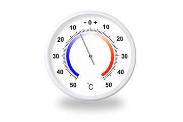 Outdoor thermometer on white background. Ambient temperature minus 8 degrees celsius