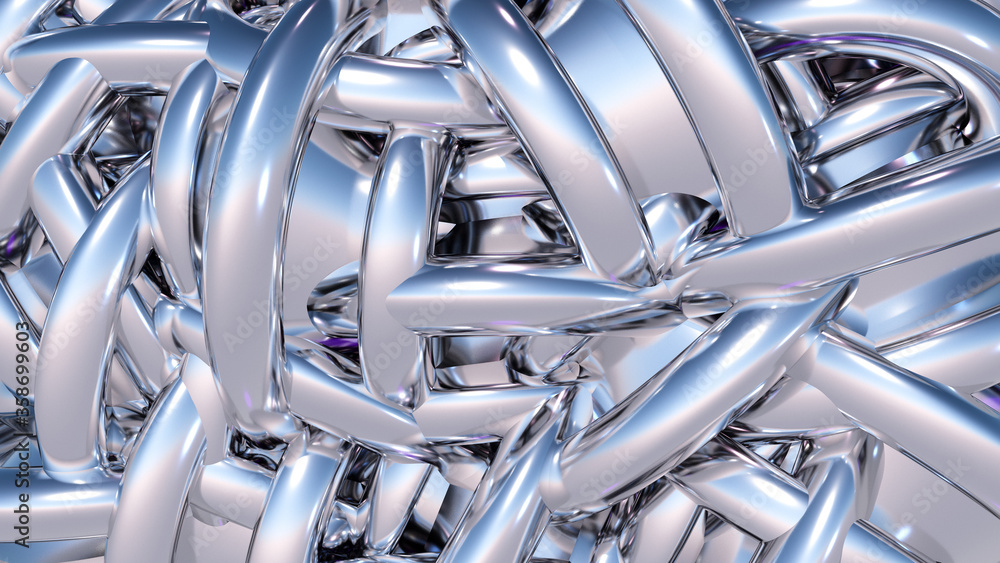 Poster abstract background with heap or hank of metallic chrome pipes. 3d illustration