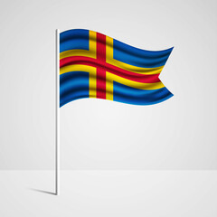 Realistic Aland Islands country flag waving in wind. Abstract country flag with flagpole isolated on grey background