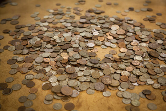Lots of old coins. Pile of coins close-up. Soviet coins.