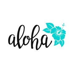 Aloha - hand written lettering. Text isolated on white background with design elements. Summer typography for photo overlays, t-shirt print, flyer, poster design. Beach life message