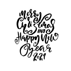 Hand drawn phrase Merry Christmas and Happy New Year. Modern dry brush lettering design. Vector typography vector illustration.