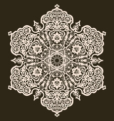 Round floral ornament in traditional Oriental pattern. Mandala. Lace pattern. Layout congratulatory card with carved openwork pattern. Pattern suitable for laser cutting, plotter cutting or printing