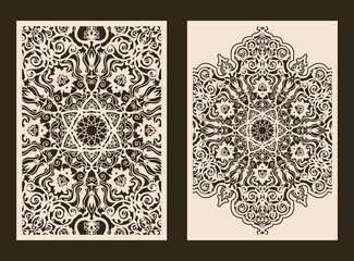 Set of 2 Wedding Invitation or greeting card with lace pattern. Layout congratulatory card with carved openwork pattern. Turkish motif. Pattern suitable for laser cutting, plotter cutting or printing