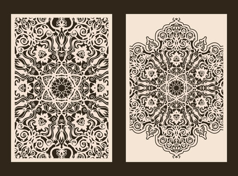 Set of 2 Wedding Invitation or greeting card with lace pattern. Layout congratulatory card with carved openwork pattern. Turkish motif. Pattern suitable for laser cutting, plotter cutting or printing