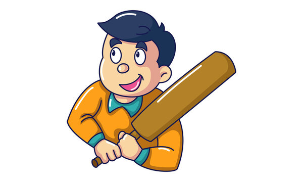 Vector Cartoon Illustration Of Boy Holding Cricket Bat In Hand. Isolated On White Background.