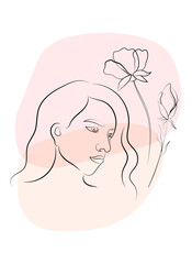 Face of a beautiful girl on a background of watercolor blots. Portrait of a woman in line art style. Freehand drawing of a young woman. Vector illustration isolated on a white background.