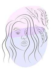 Face of a beautiful girl on a background of watercolor blots. Portrait of a woman in line art style. Freehand drawing of a young woman. Vector illustration isolated on a white background.
