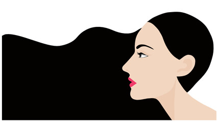 Black long hair woman side view face isolated on white background vector illustration. Woman concept background	