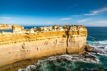 View from the Great Ocean Road over the coast near to the London Bridge in Victoria, Australia at a sunny day in summer.