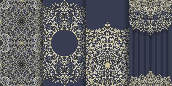 Set of Template greeting card, invitation and advertising banner, brochure.  Collection of design elements, labels, icon, frames for packaging, design of luxury product with mandala.