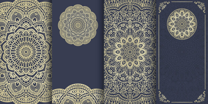 Set of Template greeting card, invitation and advertising banner, brochure.  Collection of design elements, labels, icon, frames for packaging, design of luxury product with mandala.