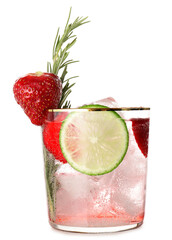Glass of fresh strawberry lemonade on white background