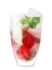 Glass of fresh strawberry lemonade on white background