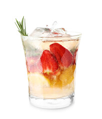 Glass of fresh strawberry lemonade on white background