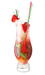 Glass of fresh strawberry lemonade on white background