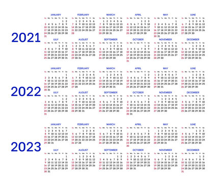 Calendar grid 2021,2022 and 2023. Calendar layout design in black and white colors, holidays in red colors. Week starts from Sunday. Months template, isolated on white background. Vector illustration