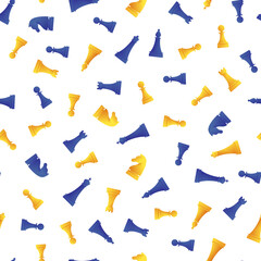 Chess game seamless pattern in cartoon style. Various yellow and blue chess figures on white background. Chess sport competition wallpaper template. Intellectual and strategy game vector illustration.