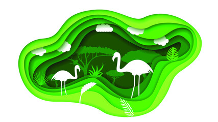 Eco Green Paper Cut Background Vector Nature Animal Clouds Forest With Flamingo