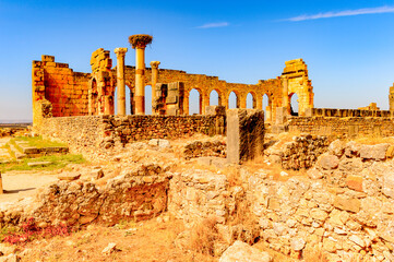 It's Volubilis, an excavated Berber and Roman city in Morocco, ancient capital of the kingdom of Mauretania. UNESCO World Heritage