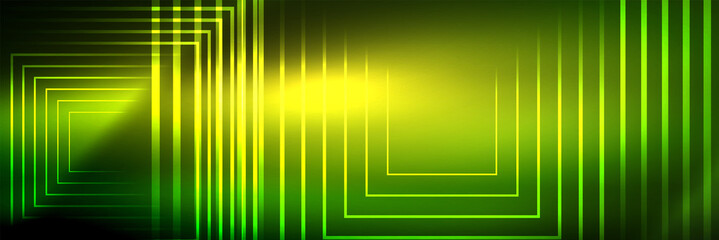 Shiny neon glowing techno lines, hi-tech futuristic abstract background template with square shapes