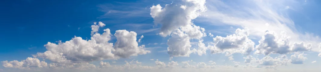 Wandaufkleber Wide sky panorama with scattered cumulus clouds © yelantsevv