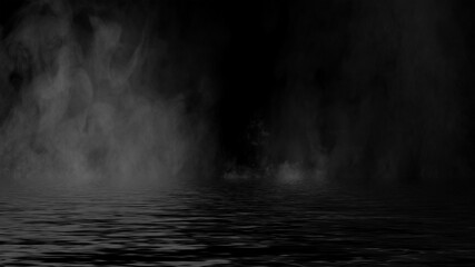 Mystic fog on coastal. Paranormal smoke on black background. Stock illustration. Reflection on water.