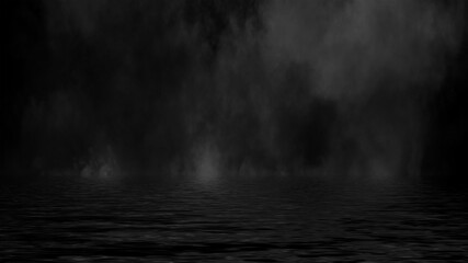 Mystic fog on coastal. Paranormal smoke on black background. Stock illustration. Reflection on water.