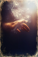 Naklejka na ściany i meble hand in smoke on black background. Old photo effect.