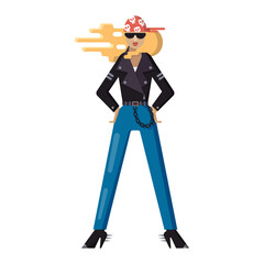 Female biker motorcycle racer in red bandana with image of skull, leather jacket, dark glasses and jeans