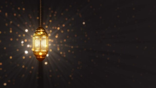 Ramadan candle lantern glows with rays on a rich Golden background. Shimmering Glittering Particles With Bokeh.  4K loop video animation