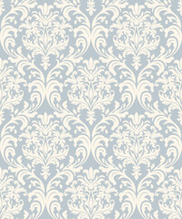 Seamless damask pattern in blue and beige. Seamless victorian wallpaper. Vintage ornament for wallpaper, printing on the packaging paper, textiles - obrazy, fototapety, plakaty