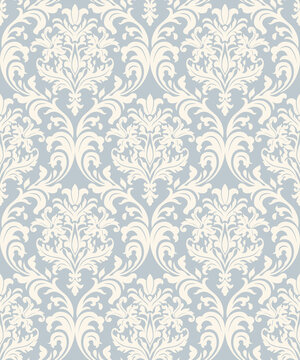 Seamless damask pattern in blue and beige. Seamless victorian wallpaper. Vintage ornament for wallpaper, printing on the packaging paper, textiles