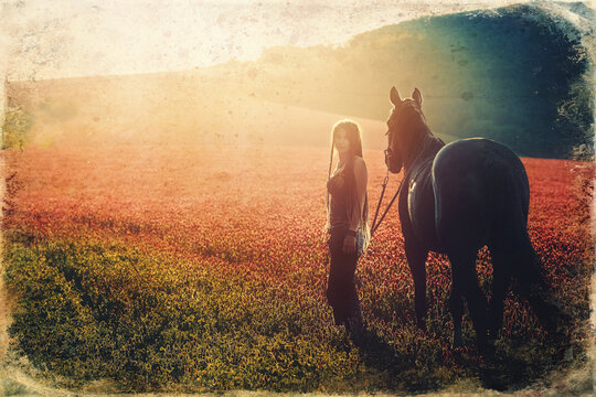 Young beautiful dreadded girl outdoors with her horse. Old photo effect.