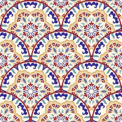 Seamless colorful patchwork in turkish style. Vintage decorative elements. Hand drawn background. Islam, Arabic, Indian, ottoman motifs. Perfect for printing on fabric or paper. Vector illustration