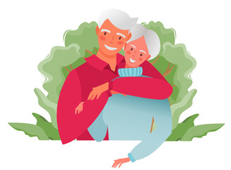 A happy family. An elderly couple hugs each other. Grandfather and grandmother in the village. Trees and plants on the background. Flat vector illustration.